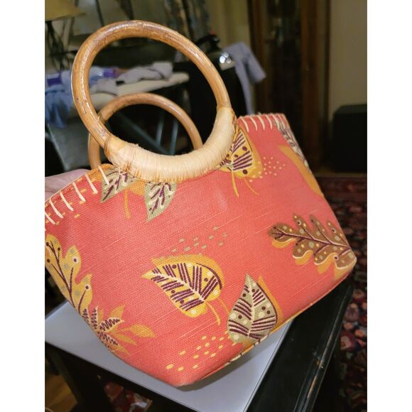 Fossil handbag, natural Cane handle, terracotta/ tan, Tropics '90s Y2K EXCELLENT - Picture 9 of 11